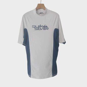 Quicksilver Rash Guard UVtech Surfing White Blue Short Sleeve Mens XL Slim Fit